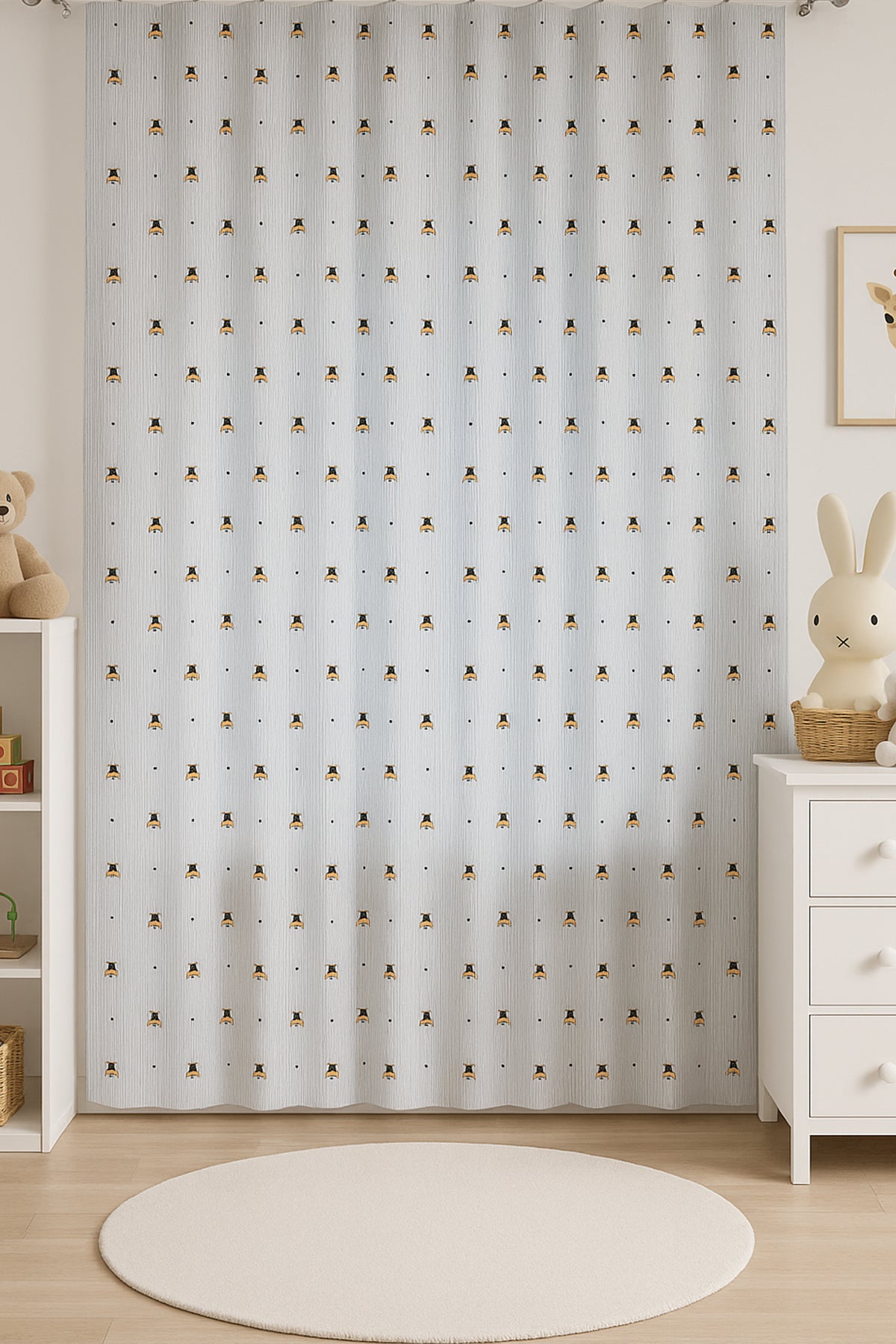 Çocuk Astarlı Fon Perde Arı Desenli Gri V2 135x180