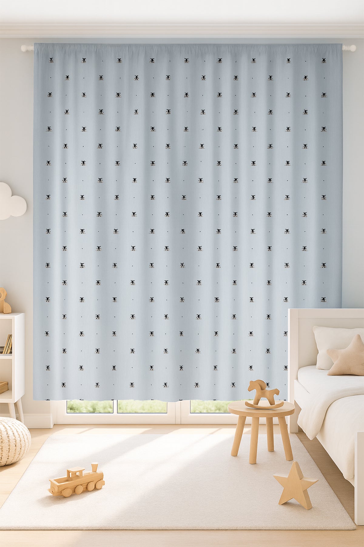 Çocuk Astarlı Fon Perde Arı Desenli Gri 215x225