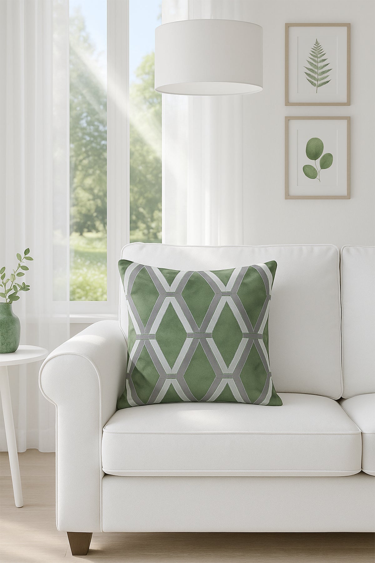 Desenli Kadife Kırlent Kılıfı Yeşil Gri V1 50x50