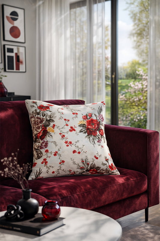Duck Büyük Güllü Kırlent Kılıfı Bordo V1 40x40