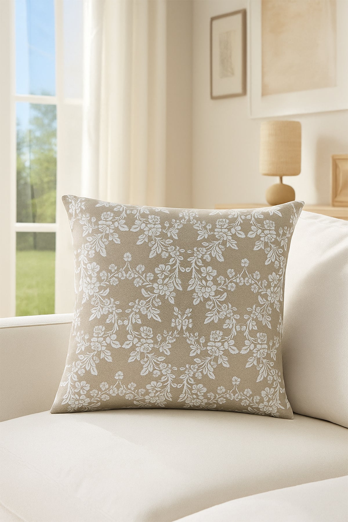 Duck Çiçekli Kırlent Kılıfı Bej Beyaz V1 45x50