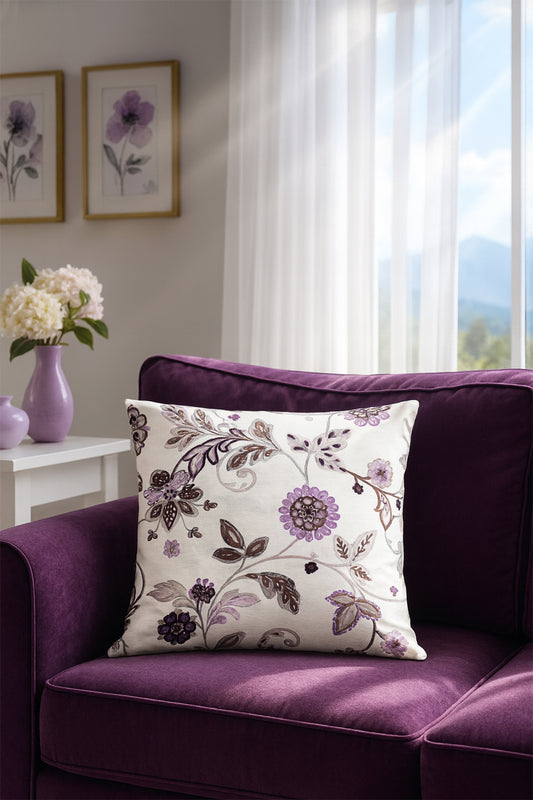 Duck Çiçekli Kırlent Kılıfı Bej Lila V1 40x40