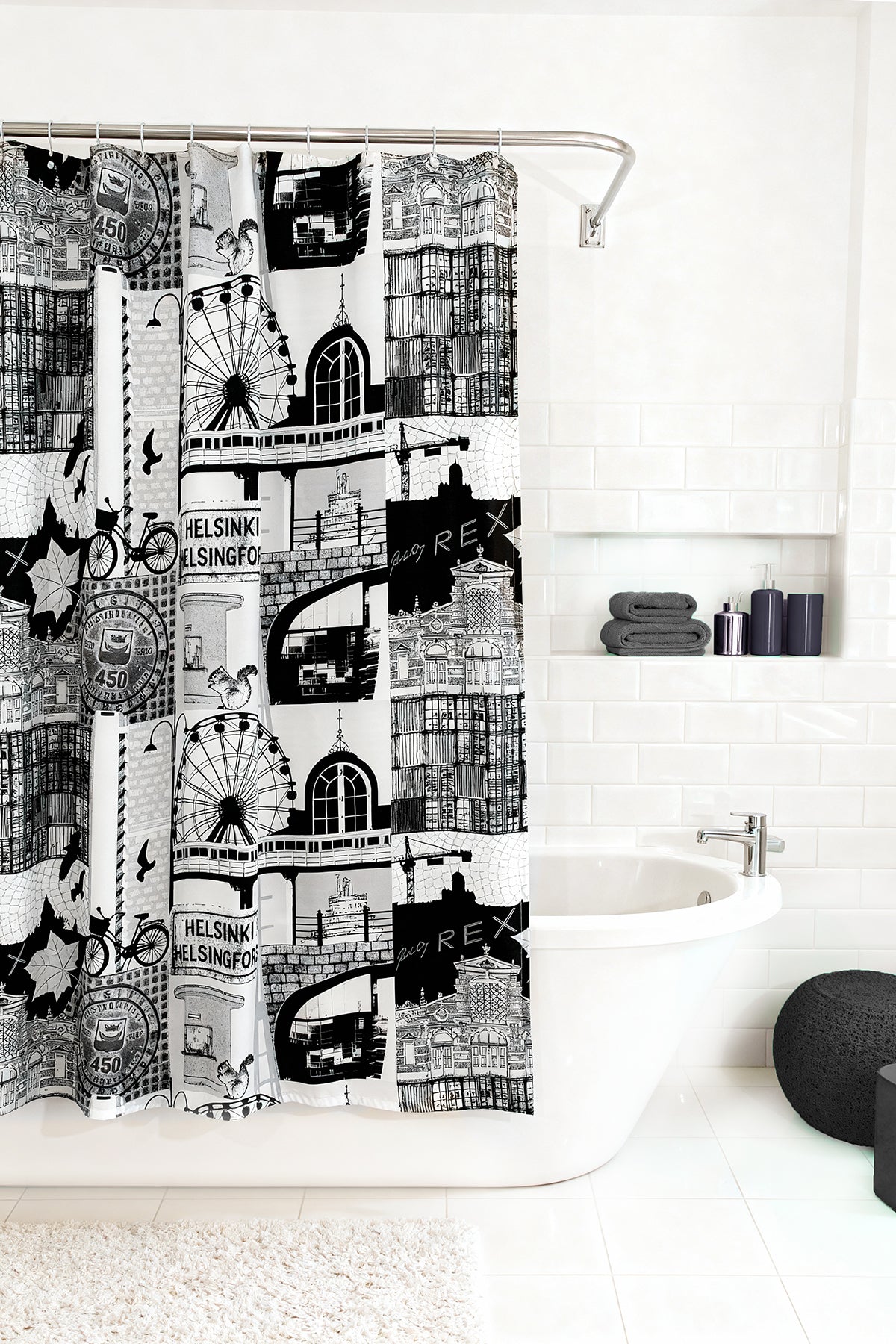 Helsinki Duş Perdesi Siyah Beyaz 180x200