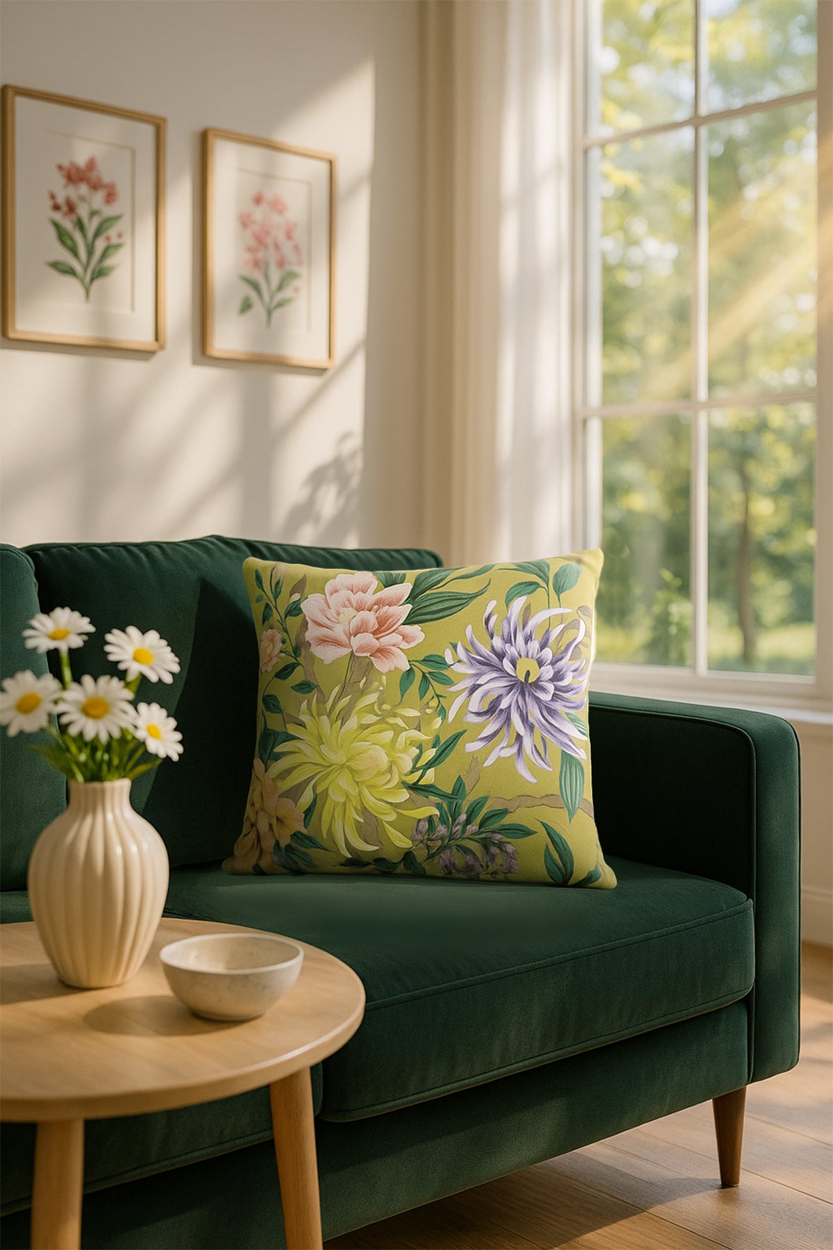 Kadife Çiçekli Kırlent Kılıfı Yeşil Pembe V1 50x50