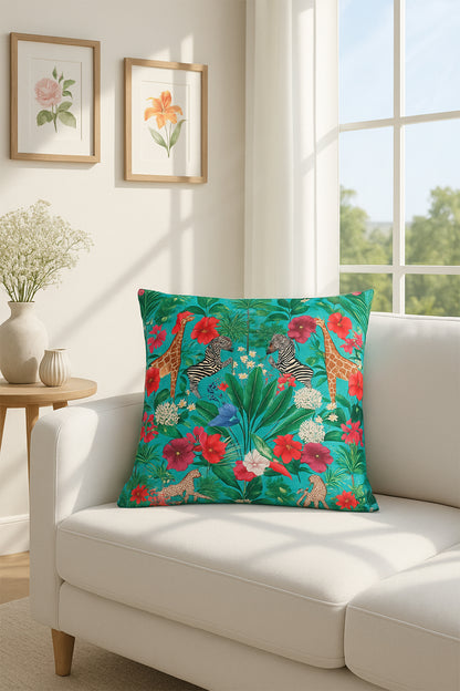 Kadife Kırlent Kılıfı Zoo Yeşil Pembe V1 50x50