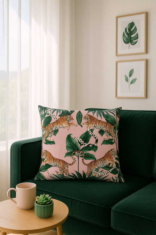 Kaplan Desen Kadife Kırlent Kılıfı Pembe V1 50x50