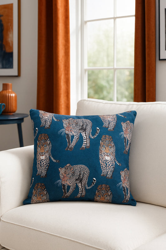 Leopar Kadife Kırlent Kılıfı Lacivert 45x45