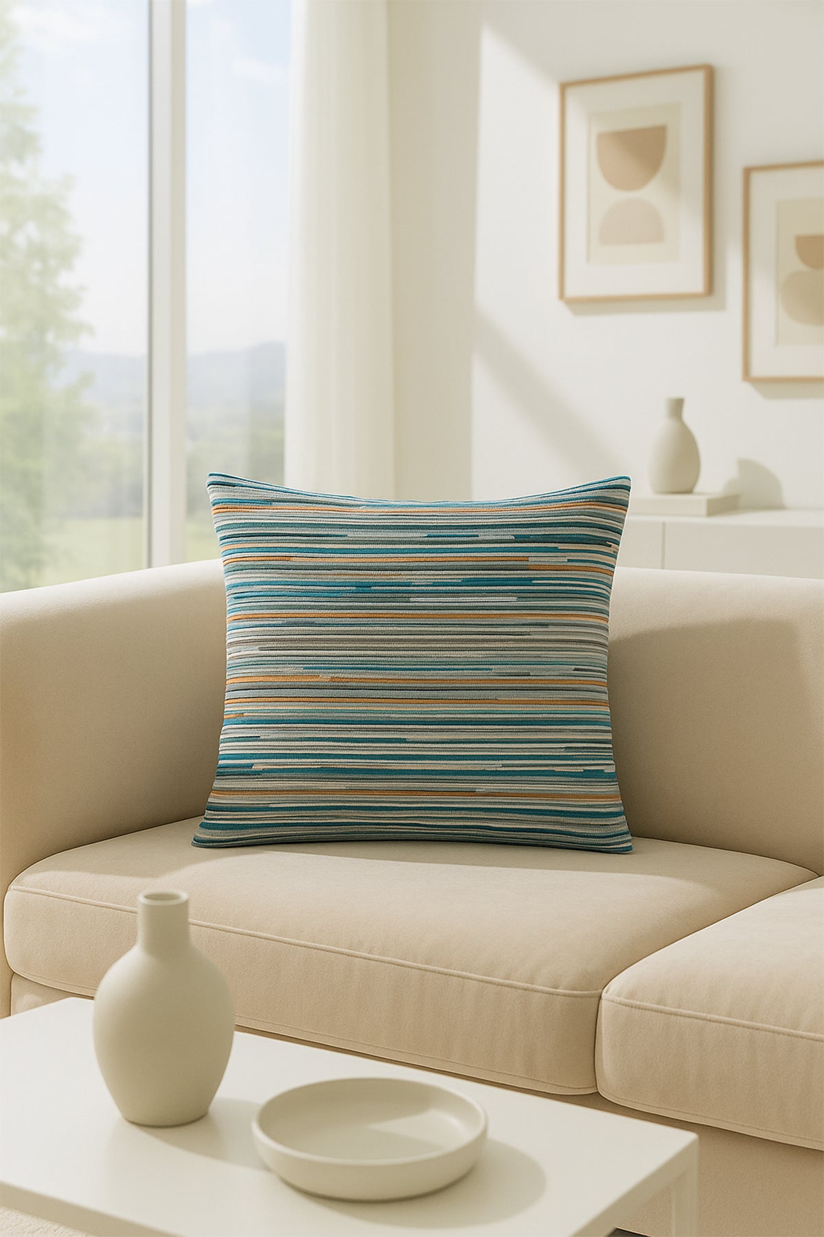 Şerit Kadife Kırlent Kılıfı Yeşil V1 45x45